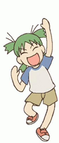 A Girl With Green Hair Is Jumping In The Air With Her Arms In The Air GIF