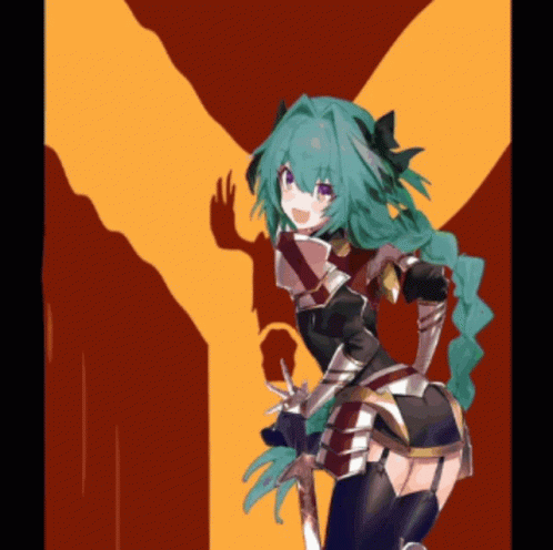 a girl with green hair is standing in front of a red and yellow background
