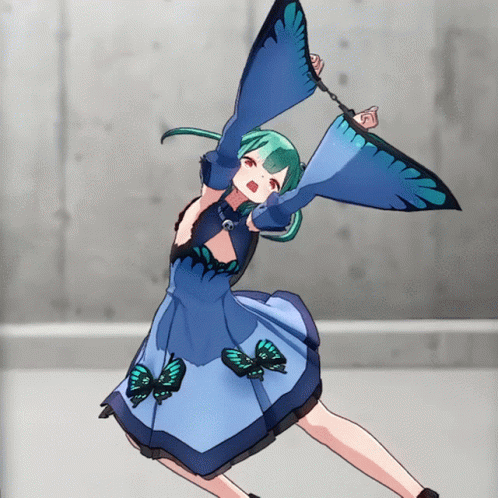 A Girl With Green Hair Is Wearing A Blue Dress With Butterfly Wings GIF