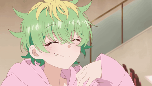 A Girl With Green Hair Is Wearing A Pink Shirt And Laughing GIF
