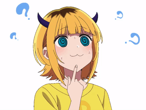 A Girl With Horns And A Spiral In Her Eyes Is Surrounded By Question Marks GIF