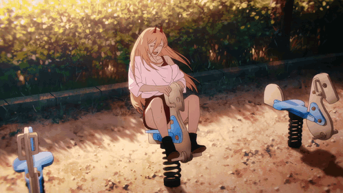 A Girl With Horns Is Sitting On A Seesaw In A Playground GIF