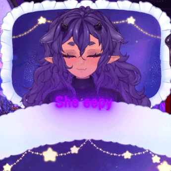 A Girl With Horns Is Sleeping In A Bed With The Words She Sleepy Glowing In Purple GIF