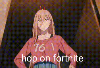 A Girl With Horns On Her Head Is Standing In Front Of A Black Wall And Says `` Hop On Fortnite '' . GIF