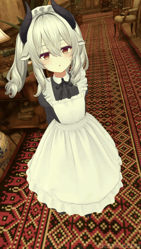 A Girl With Horns On Her Head Is Wearing A White Apron GIF