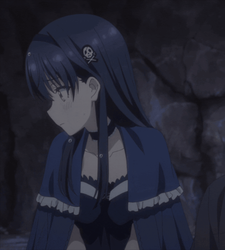 A Girl With Long Black Hair And A Choker On Her Neck Is Smiling With Her Eyes Closed GIF