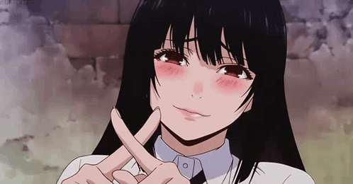 A Girl With Long Black Hair And Red Eyes Is Making A Peace Sign With Her Fingers . GIF