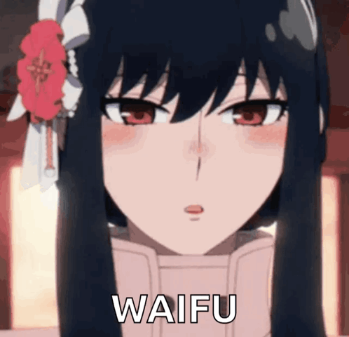 A Girl With Long Black Hair And Red Eyes Is Wearing A Flower In Her Hair And Says Waifu GIF