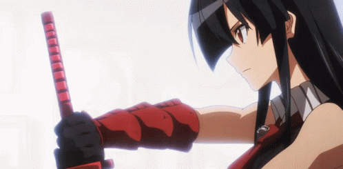 A Girl With Long Black Hair And Red Gloves Is Holding A Red Sword GIF