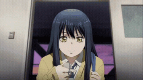 A Girl With Long Black Hair And Yellow Eyes Is Holding A Blue Backpack GIF