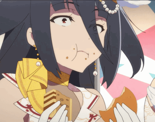 A Girl With Long Black Hair Is Holding A Piece Of Bread In Her Hand GIF