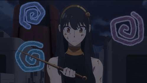 A Girl With Long Black Hair Is Holding A Sword And Surrounded By Spirals GIF