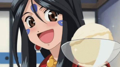 A Girl With Long Black Hair Is Smiling While Holding A Scoop Of Ice Cream GIF