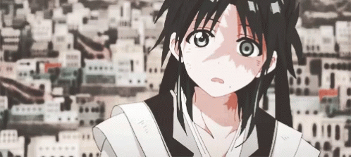 A Girl With Long Black Hair Is Standing In Front Of A City With Buildings In The Background . GIF