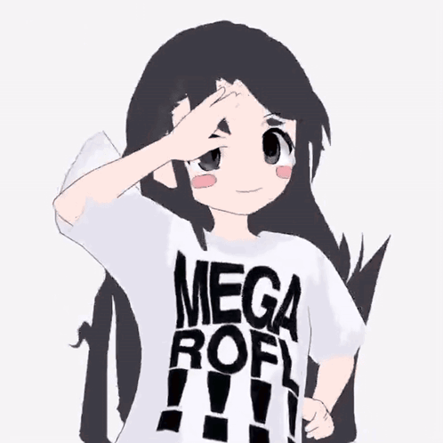 A Girl With Long Black Hair Is Wearing A Mega Rofl Shirt GIF