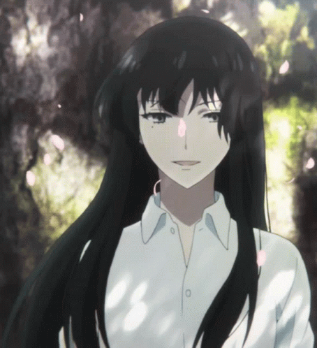 A Girl With Long Black Hair Is Wearing A White Shirt And Earrings GIF