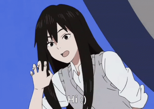 A Girl With Long Black Hair Says Hi And Waves Her Hand GIF