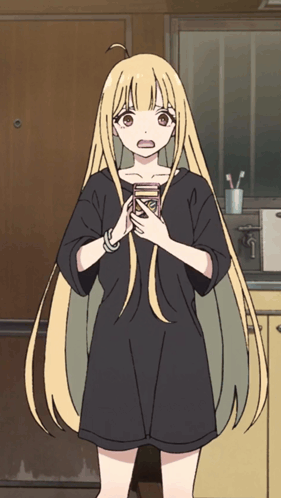 A Girl With Long Blonde Hair And A Black Shirt Is Holding A Can GIF