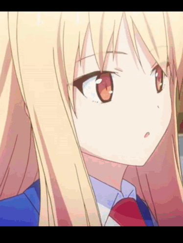 A Girl With Long Blonde Hair And Red Eyes Is Wearing A Blue Shirt And Red Tie GIF