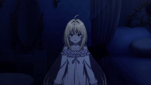 A Girl With Long Blonde Hair Is Standing In A Dark Room GIF