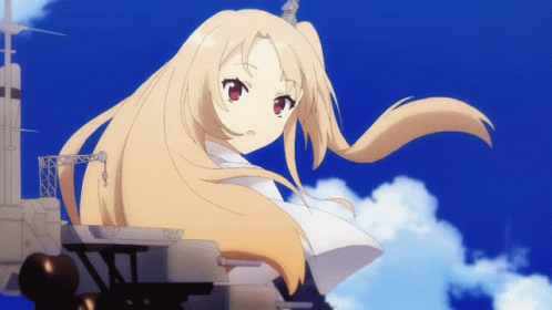 A Girl With Long Blonde Hair Is Standing In Front Of A Ship GIF