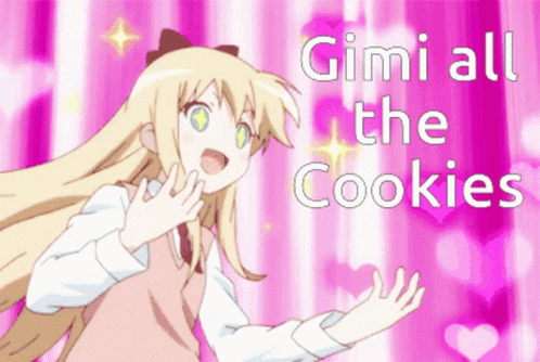 A Girl With Long Blonde Hair Is Surrounded By Pink Hearts And The Words Gimi All The Cookies GIF