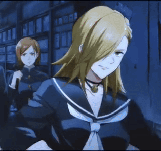 A Girl With Long Blonde Hair Is Wearing A Choker And A Sailor Suit GIF