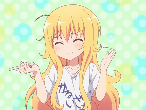 A Girl With Long Blonde Hair Is Wearing A T-Shirt That Says ' A ' On It GIF