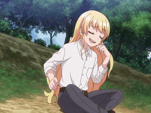 A Girl With Long Blonde Hair Sits On The Ground With Her Eyes Closed GIF