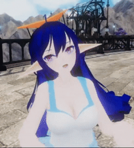 A Girl With Long Blue Hair And Ears Is Wearing A White Top GIF