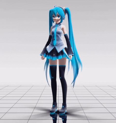 A Girl With Long Blue Hair Is Dancing On A Grid Floor GIF