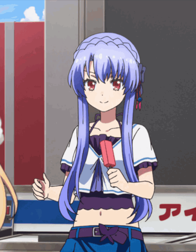 A Girl With Long Blue Hair Is Holding A Popsicle In Front Of A Sign That Says ' A ' On It GIF