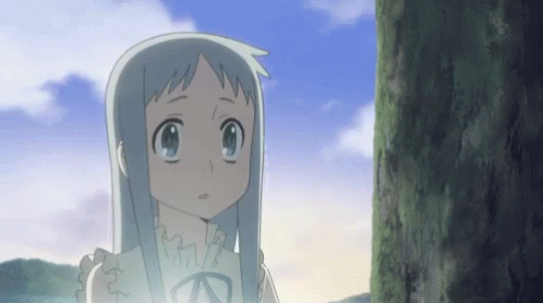 A Girl With Long Blue Hair Is Standing In Front Of A Tree . GIF