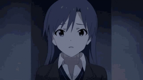 A Girl With Long Blue Hair Is Wearing A Black Jacket And White Shirt . GIF