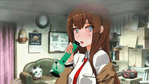 A Girl With Long Brown Hair Is Holding A Bong In Her Hand GIF