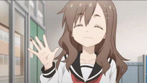 A Girl With Long Brown Hair Is Waving Her Hand In A Hallway GIF