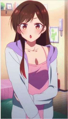 A Girl With Long Brown Hair Is Wearing A Purple Hoodie And A Pink Tank Top GIF
