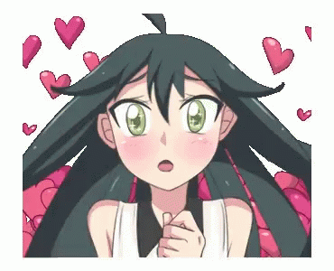 A Girl With Long Hair And Green Eyes Is Surrounded By Hearts . GIF