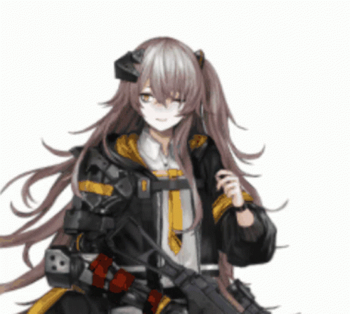 A Girl With Long Hair Is Holding A Gun And Smiling GIF