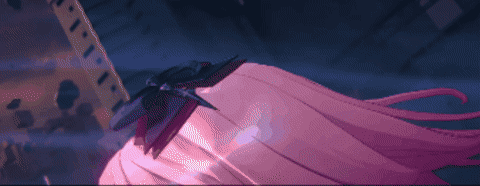 A Girl With Long Pink Hair And A Blue Bow On Her Head GIF