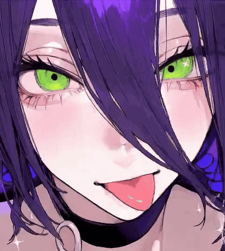 A Girl With Long Purple Hair And Green Eyes Is Sticking Her Tongue Out . GIF