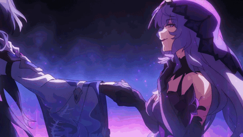 A Girl With Long Purple Hair Is Holding Another Girl 'S Hand In A Dark Room GIF