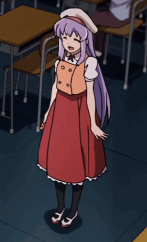 A Girl With Long Purple Hair Is Standing In A Classroom Holding A Light GIF