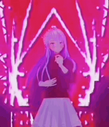 a girl with long purple hair is standing in front of a red background with trees in the background .
