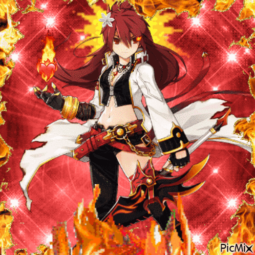 A Girl With Long Red Hair Is Holding A Heart And A Sword In Front Of A Fire Background GIF