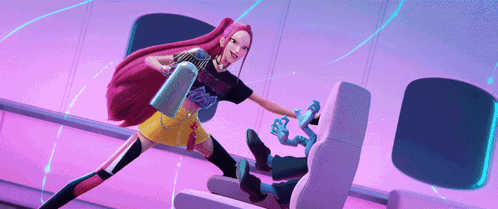 A Girl With Long Red Hair Is Standing Next To A Man In A Chair Holding A Bottle Of Water .. GIF
