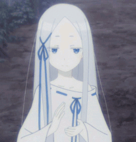 A Girl With Long White Hair And Blue Eyes Is Holding Her Hands Together GIF