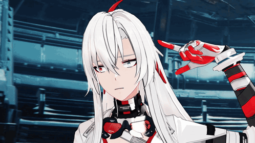 A Girl With Long White Hair And Red Gloves Has The Letter D On Her Sleeve GIF