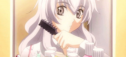 A Girl With Long White Hair Is Brushing Her Hair In Front Of A Mirror GIF