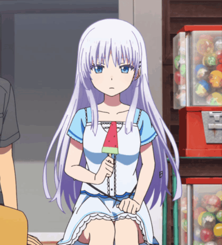 A Girl With Long White Hair Is Holding A Watermelon Slice In Her Hand GIF